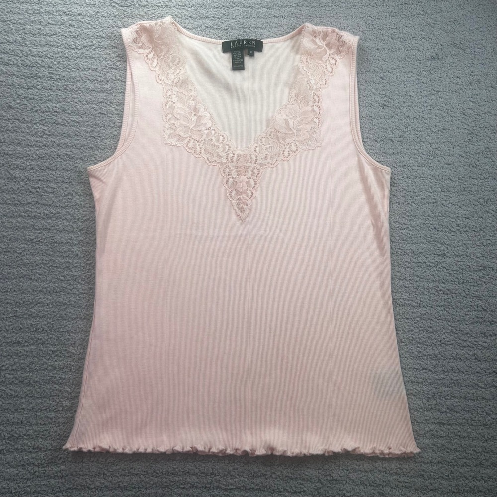 Lauren Ralph Lauren Tank Top Lace Trim Pink M Late 90s Coquette Balletcore 90s